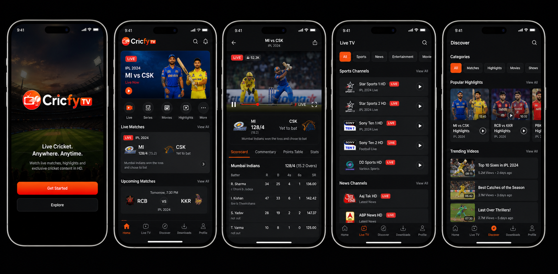 Cricfy TV app home screen showing live cricket channel listings and stream quality options