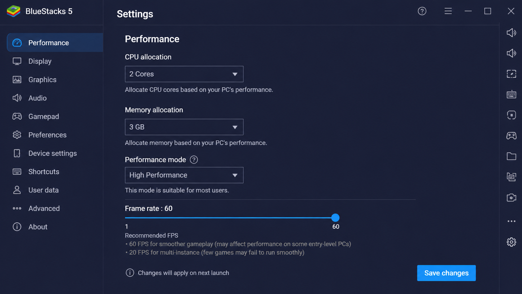 BlueStacks 5 performance settings showing 2 CPU cores and 3 GB RAM allocation for laptop use