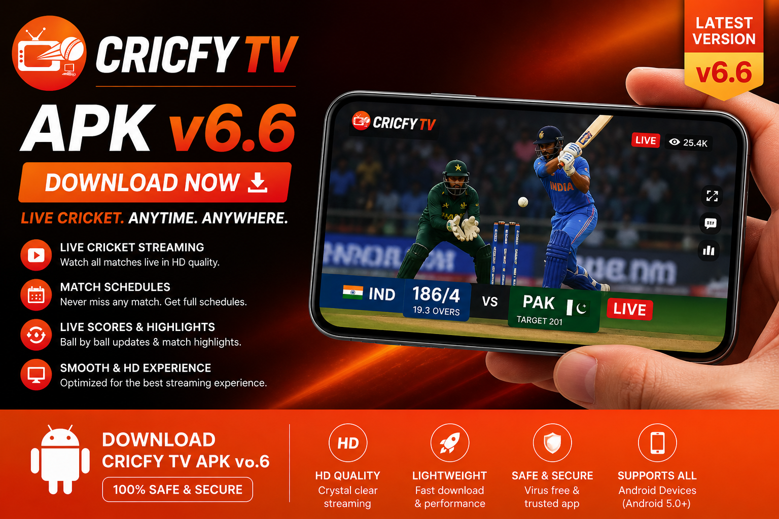 Cricfy TV APK v6.6 download — app running on Android phone showing live cricket stream