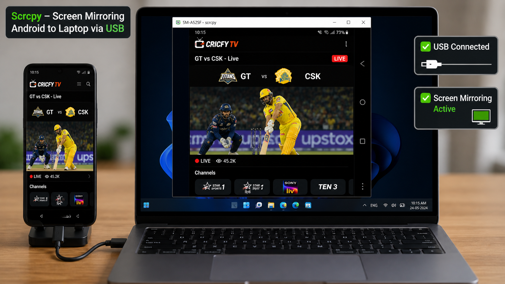 Scrcpy screen mirroring Cricfy TV from Android phone to laptop — phone connected via USB cable
